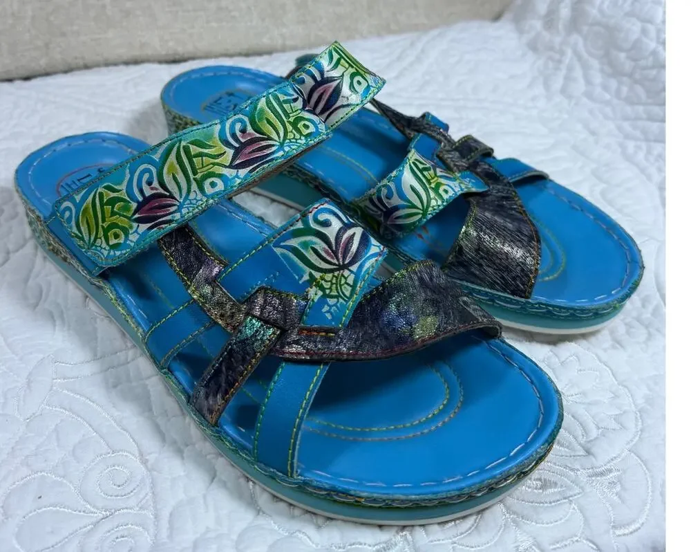L'Artiste Women's Blue 9 Spring Step Caiman Leather Slide Comfort Sandals Shoes